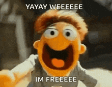 a close up of a muppet with his mouth open and the words `` yayay weeeee im freeee '' .
