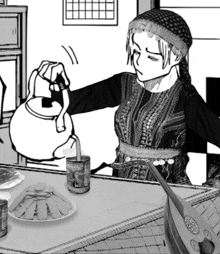 a black and white drawing of a woman pouring milk from a can
