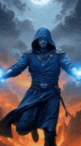 a man in a blue robe with a hood is holding a sword