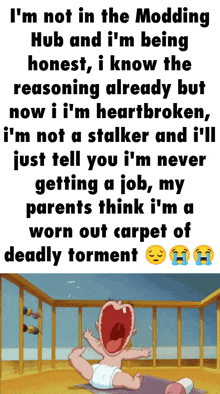 a cartoon of a baby crying with a caption that says ' i 'm not in the modding hub '