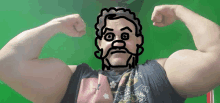 a man flexing his muscles with a drawing of a man 's face behind him