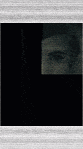 a black and white photo of a person 's face with a striped background
