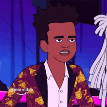 a cartoon of a man wearing a tuxedo and a shirt that says prime video on it
