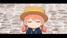 a girl with pink hair wearing a straw hat and a blue shirt