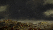a painting of a landscape with a dark cloudy sky