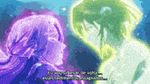 a purple and green anime character with the words " eu vou so levar de volta " on the bottom