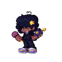a pixel art drawing of a person holding a microphone and a gun