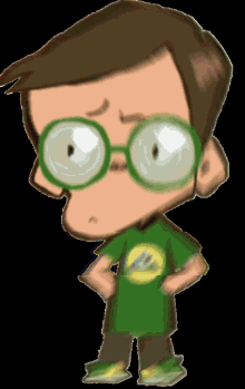 a cartoon of a boy wearing glasses and a green shirt with a yellow l on it