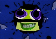 a cartoon character with purple eyes and a green smile on a blue background