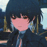 a girl with black hair and red eyes is wearing a black jacket