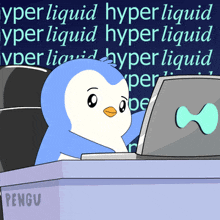a cartoon of a penguin sitting at a desk with hyper liquid written on the back