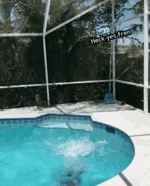 a person is jumping into a swimming pool with the caption heck yes fren