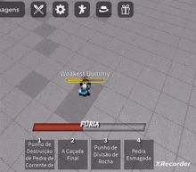 a screenshot of a video game with weakest dummy in the middle of the screen
