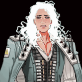 a cartoon drawing of a man with white hair and a warning sign on his shoulder