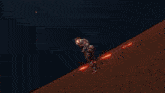 a man is flying through the air with a sword in his hand while being struck by a red lightning bolt .
