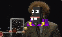 a man in a suit and tie has a cartoon character on his face ..