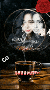 a picture of a woman with smoke coming out of a cup of coffee