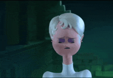 a cartoon woman with white hair and big eyes is making a surprised face in a dark room .
