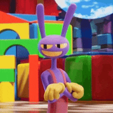 a purple cartoon character with yellow gloves is standing in front of colorful toys