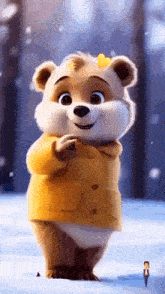 a cartoon teddy bear wearing a yellow coat is standing in the snow and smiling .