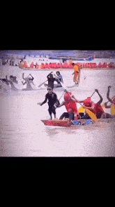 a group of people are in a boat that says ' a ' on it