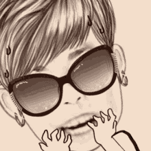 a black and white drawing of a girl wearing sunglasses and earrings .
