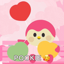 a penguin is holding a heart with the words love you pookie