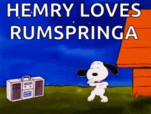 a cartoon of snoopy dancing in front of a boombox with the caption " hemry loves rumspringa "