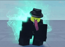 a roblox character wearing a hat and tie is standing in front of a green glowing background .