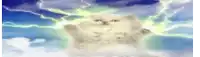 a white cat is sitting in the clouds with lightning coming from the sky .