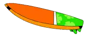 an orange and green surfboard with a cartoon face on it