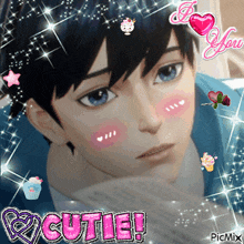 a picture of a boy with the words cutie on the bottom right