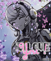 a picture of a girl with headphones and the word love written on it
