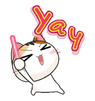 a cartoon cat is holding up two pink lights and the word yay is above it