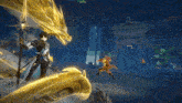 a man with a sword and a dragon behind him