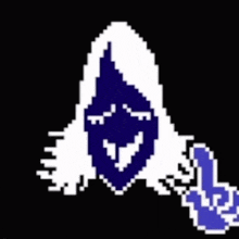 a pixel art of a ghost with a hood and a smile on its face .