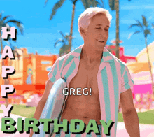 a man in a striped shirt is holding a surfboard and says greg