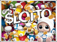 a baby is surrounded by a pile of lottery balls and coins