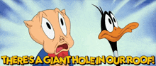 there is a giant hole in our roof with porky pig and duck