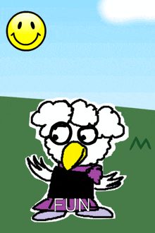 a drawing of a bird with the word fun written on it