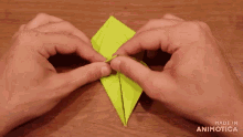 a person is making an origami bird with the words made in animotica in the corner