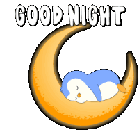 a penguin is sleeping on a crescent moon with the words good night written above it