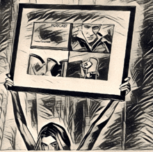 a black and white drawing of a person holding a framed picture that says podcast on it