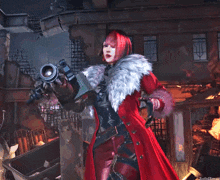 a woman in a red coat is holding a weapon and the words solidsmax are on the bottom right