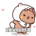 a brown teddy bear wearing a pig costume and a white hat is standing on a white surface .