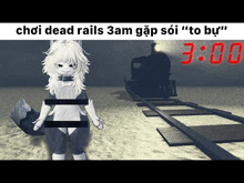 a furry girl is standing next to a train track with a clock that says 3:00 .