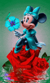 a picture of minnie mouse holding a blue flower with anita cruz written on her head