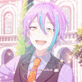 a purple haired anime character with rui de alex written below him