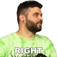 a man with a beard is wearing a green tie dye shirt that says right on it