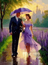 a painting of a man and woman walking in the rain holding purple umbrellas